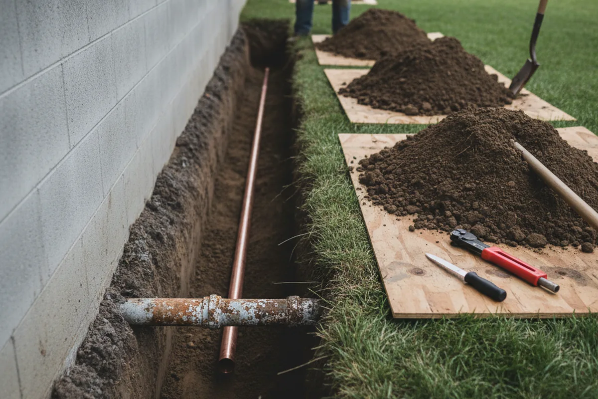 Excavated water line trench during Sewer Line Repair in Elmore City
